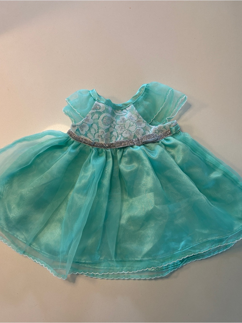 Formal Aqua Tulle Lace Dress with Silver Sparkle Waist